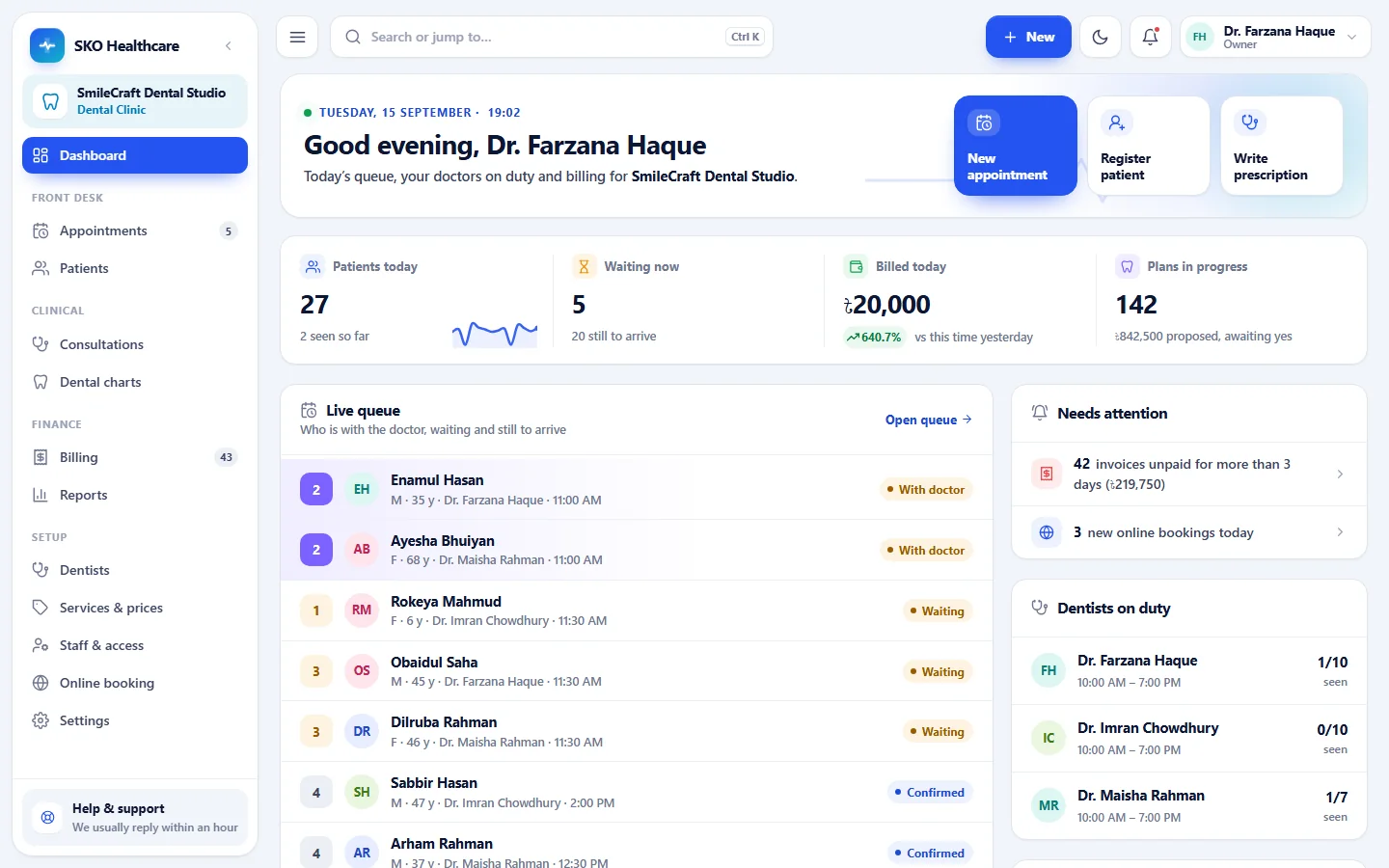 SmileCraft Dental Studio dashboard