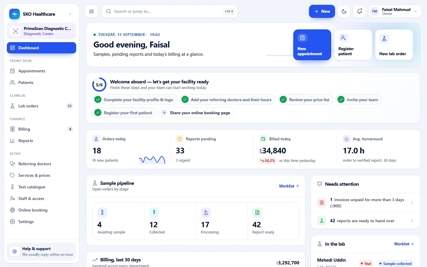 PrimeScan Diagnostic Centre dashboard