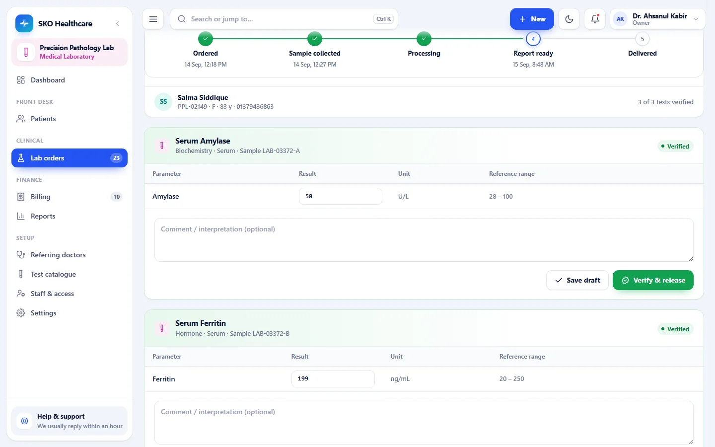 Results flagged before anyone looks — SKO Healthcare screen
