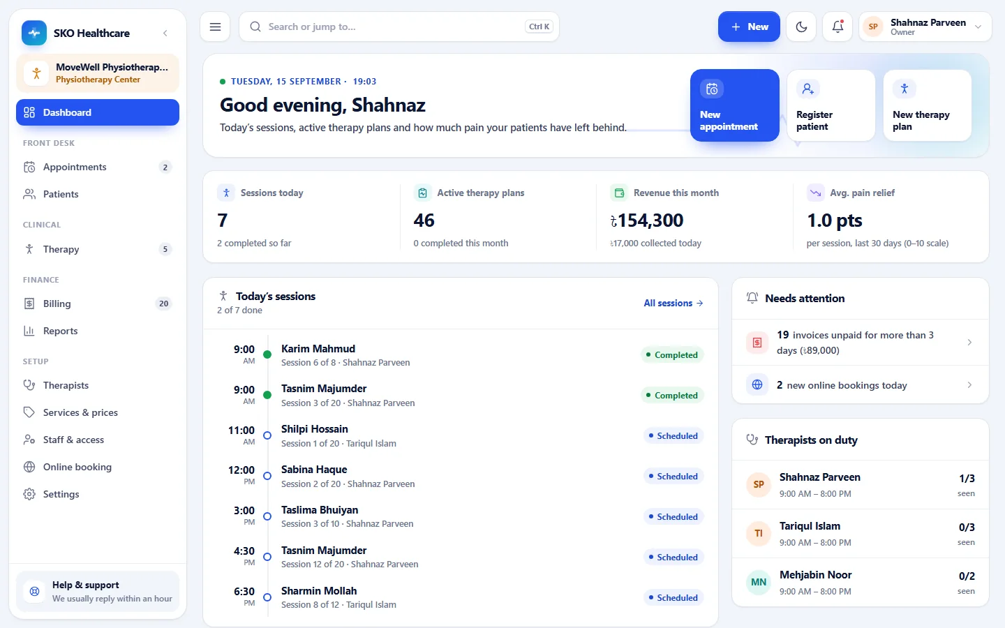 MoveWell Physiotherapy Centre dashboard